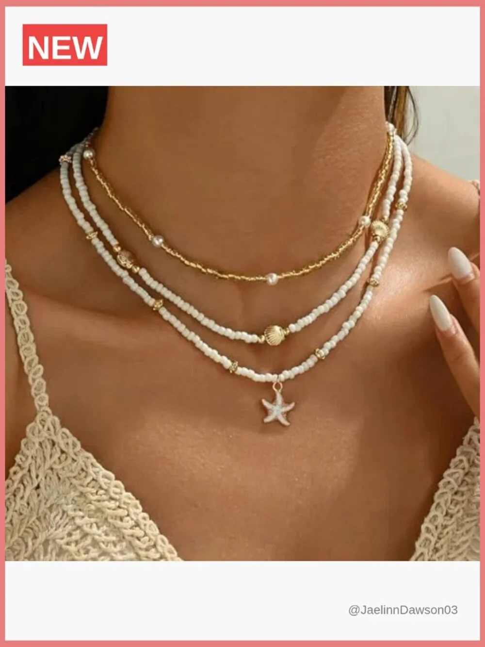 Shell Starfish Boho Layered Beaded Pearl Pendant Necklace 3-Piece Set